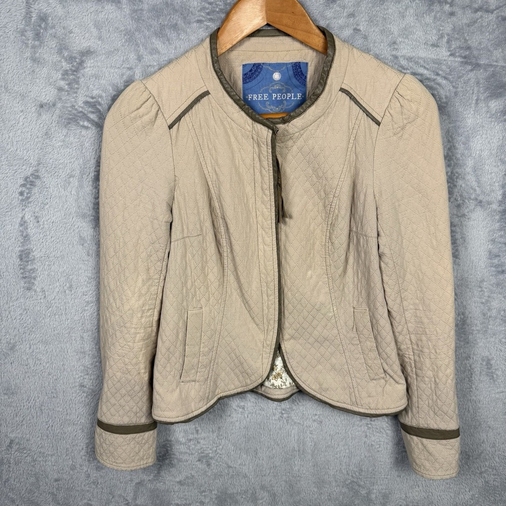 FREE PEOPLE Women's Blazer Taupe‎ Quilted Peplum Jacket Leather Trim Size 2